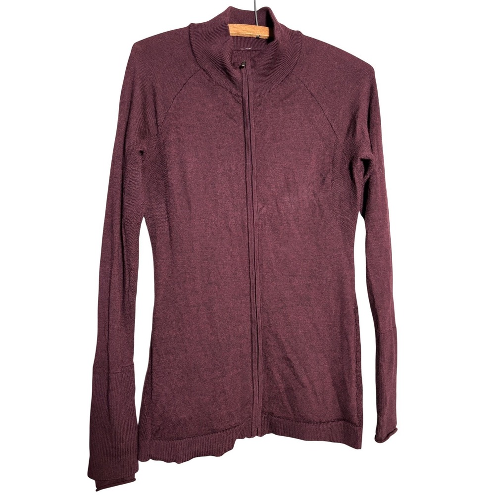 Lululemon‎ Womens Burgundy Wool Blend Full Zip Mock Neck Cardigan Sweater Plum